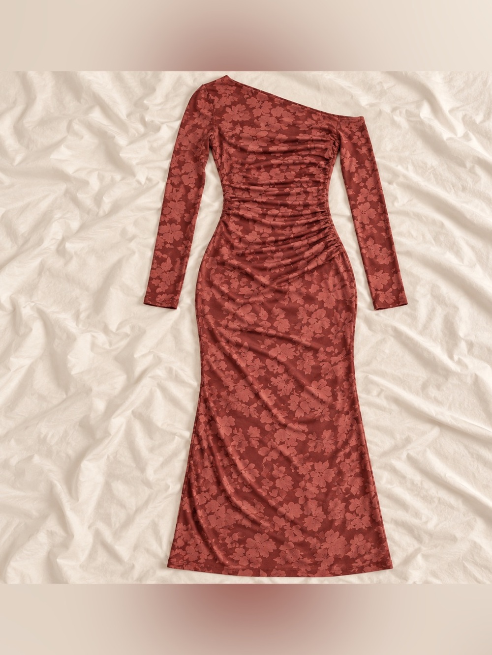 One-Shoulder Floral Ruched Maxi Dress - Rust - Picture 2 of 2